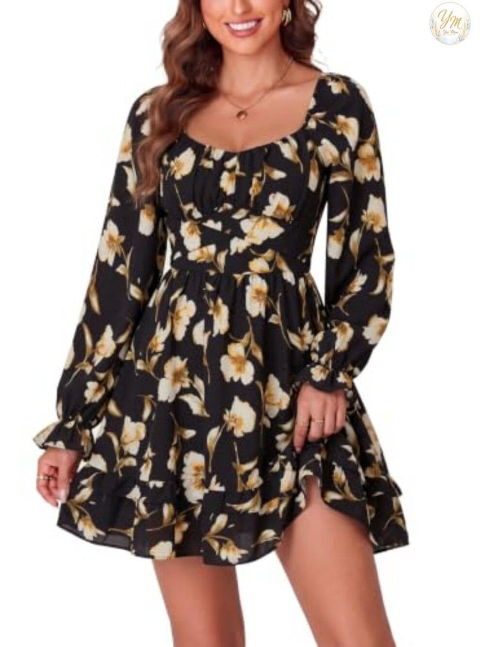 Women's Long Sleeve Wrap Mini Dress Square Neck Smocked A-Line Ruffle
